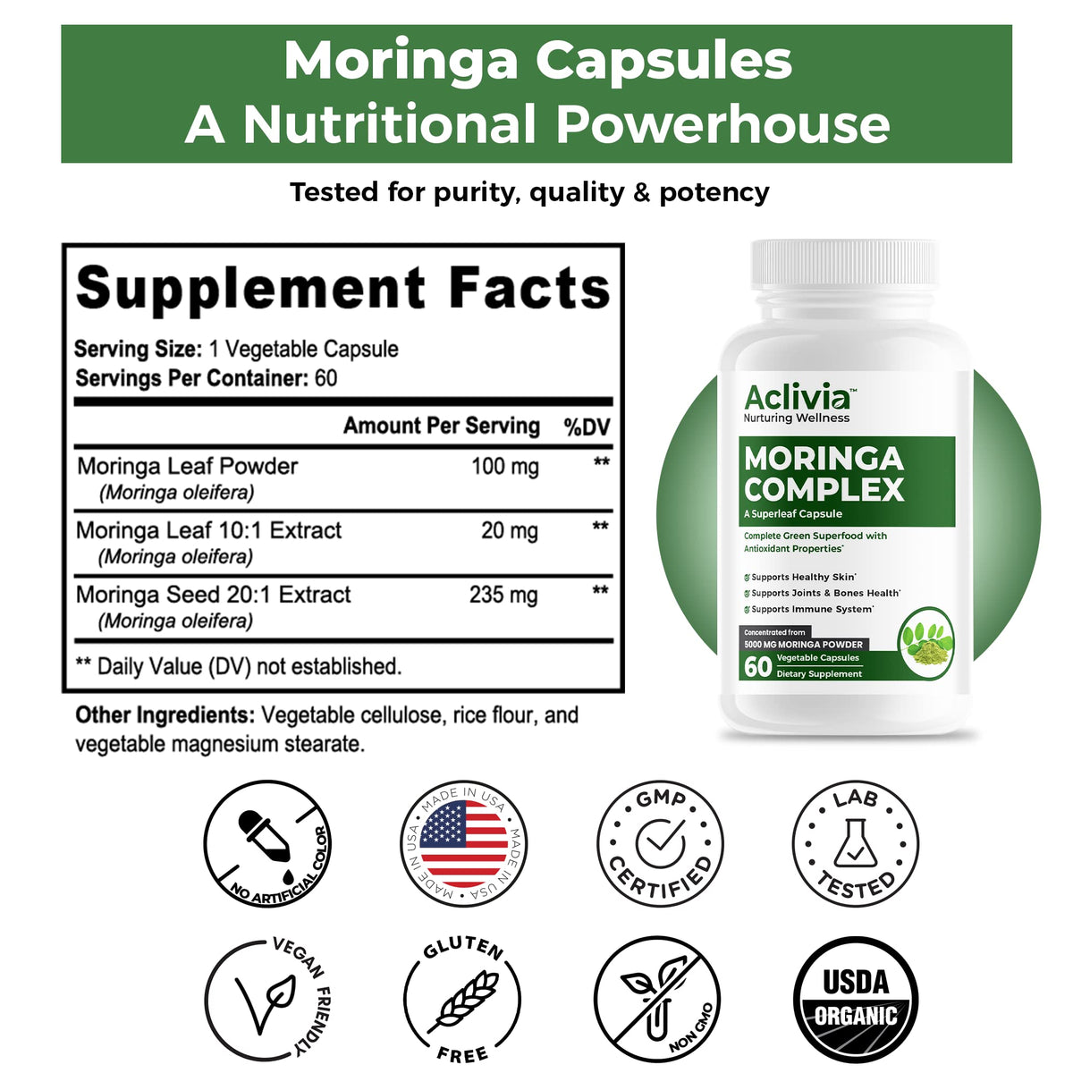 Aclivia - Moringa Complex - Maximum Strength Moringa Oleifera Leaf & Seed Supplement - Superfood Capsules with Antioxidant Properties - 5000mg - 60 Capsules AcliviaBuy Supplements Australia