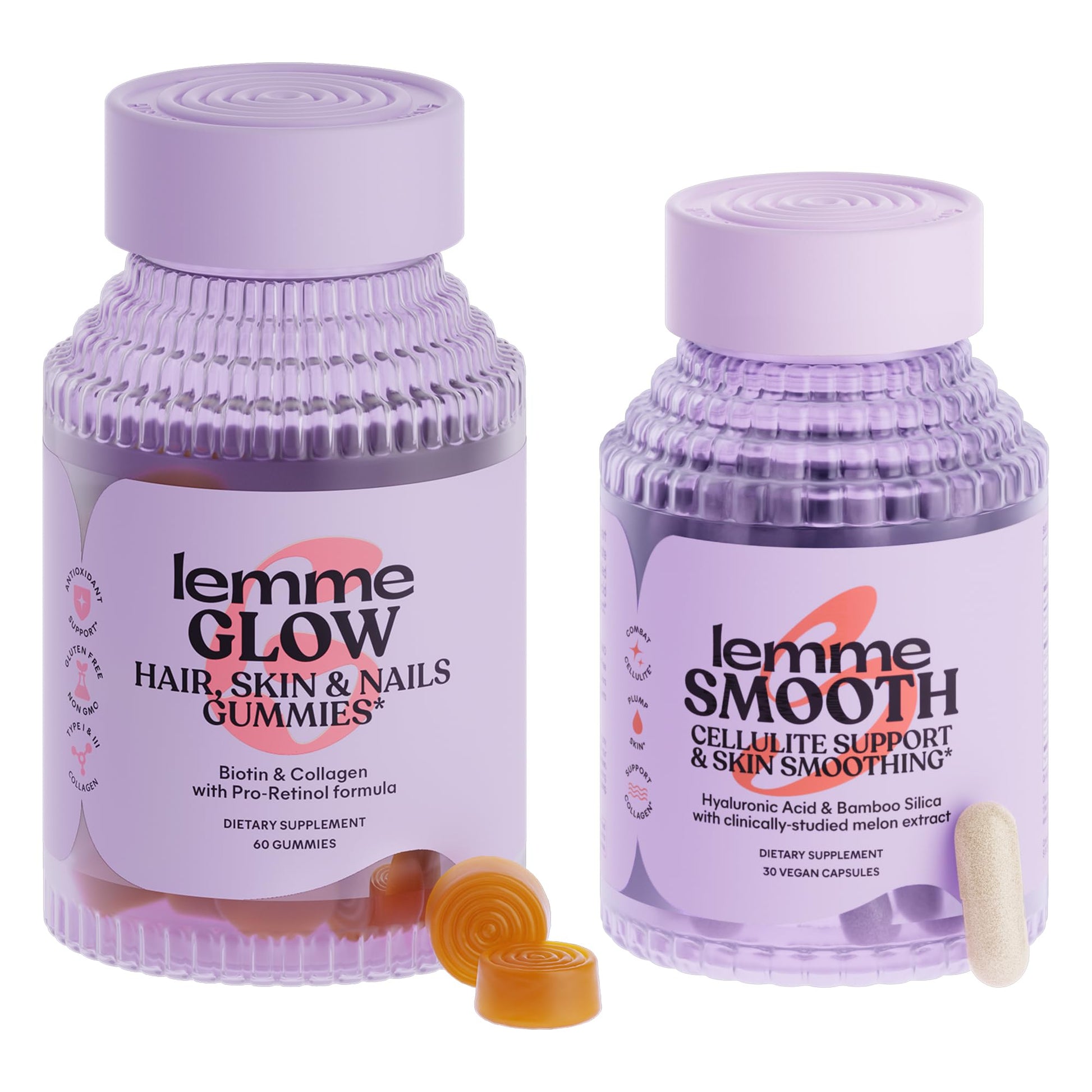 Two bottles of lemme Glow and lemme Smooth dietary supplements on a white background