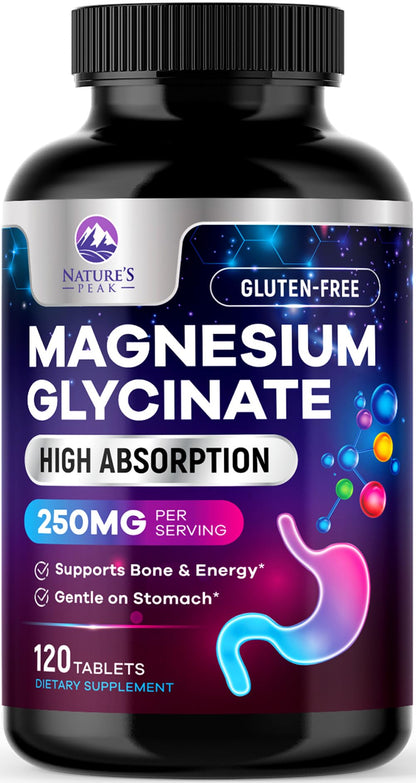 Magnesium Glycinate Supplement 250mg - 100% Chelated & Purified - to Support Sleep, Heart Health, Muscles, & Bone Strength - Best Absorption Magnesium Glycinate Capsules, Bottled in USA - 120 Tablets Nature's PeakBuy Supplements Australia