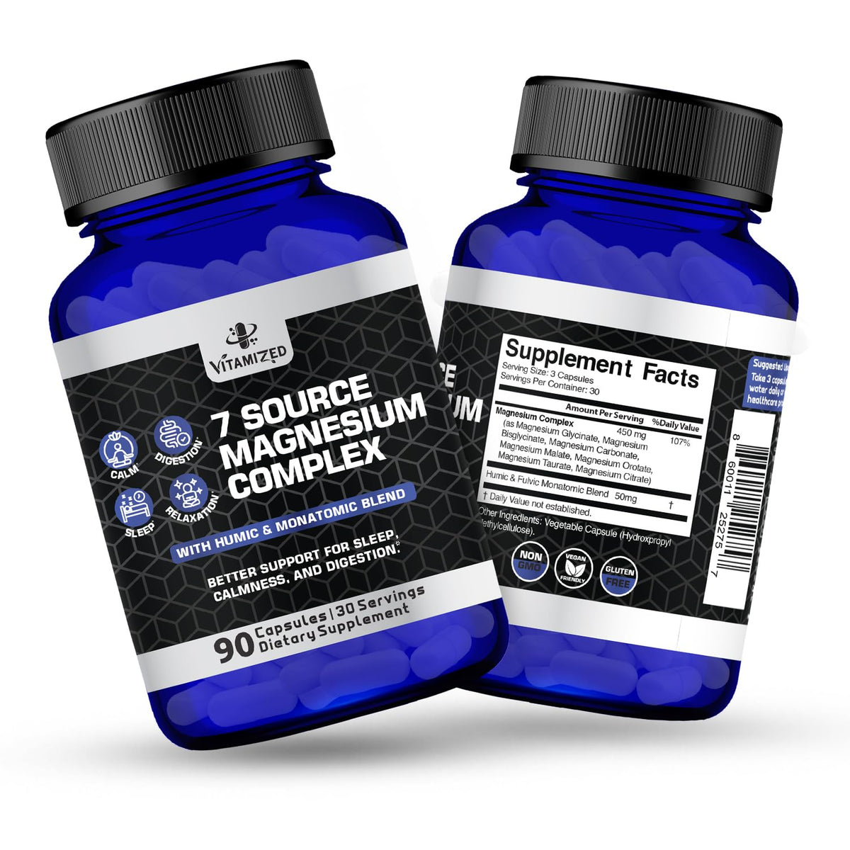 Magnesium Complex for Sleep, Relaxation, Digestion & Calm – Magnesium Glycinate, Citrate, Bisglycinate, Carbonate, Malate, Orotate, Taurate, + Humic/Fulvic for High Absorption - 90 ct. VITAMIZED buy supplements Au