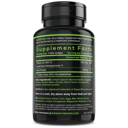 Smarter Vitamin K2 MK7 100mcg, Made with K2VITAL and Kale, 60 Liquid Softgels SmarterVitamins buy supplements Au