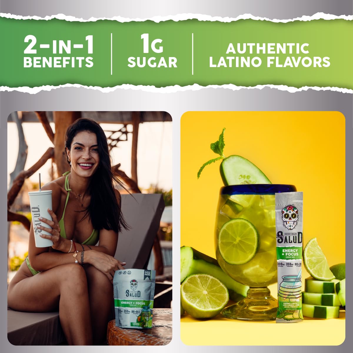 Salud 2-Pack |2-in-1 Energy + Focus (Cucumber Lime) & Energy + Focus (Strawberry Watermelon) – 15 Servings Each, Agua Fresca Drink Mix, Non-GMO, Gluten Free, Vegan, Low Calorie, 1g of Sugar