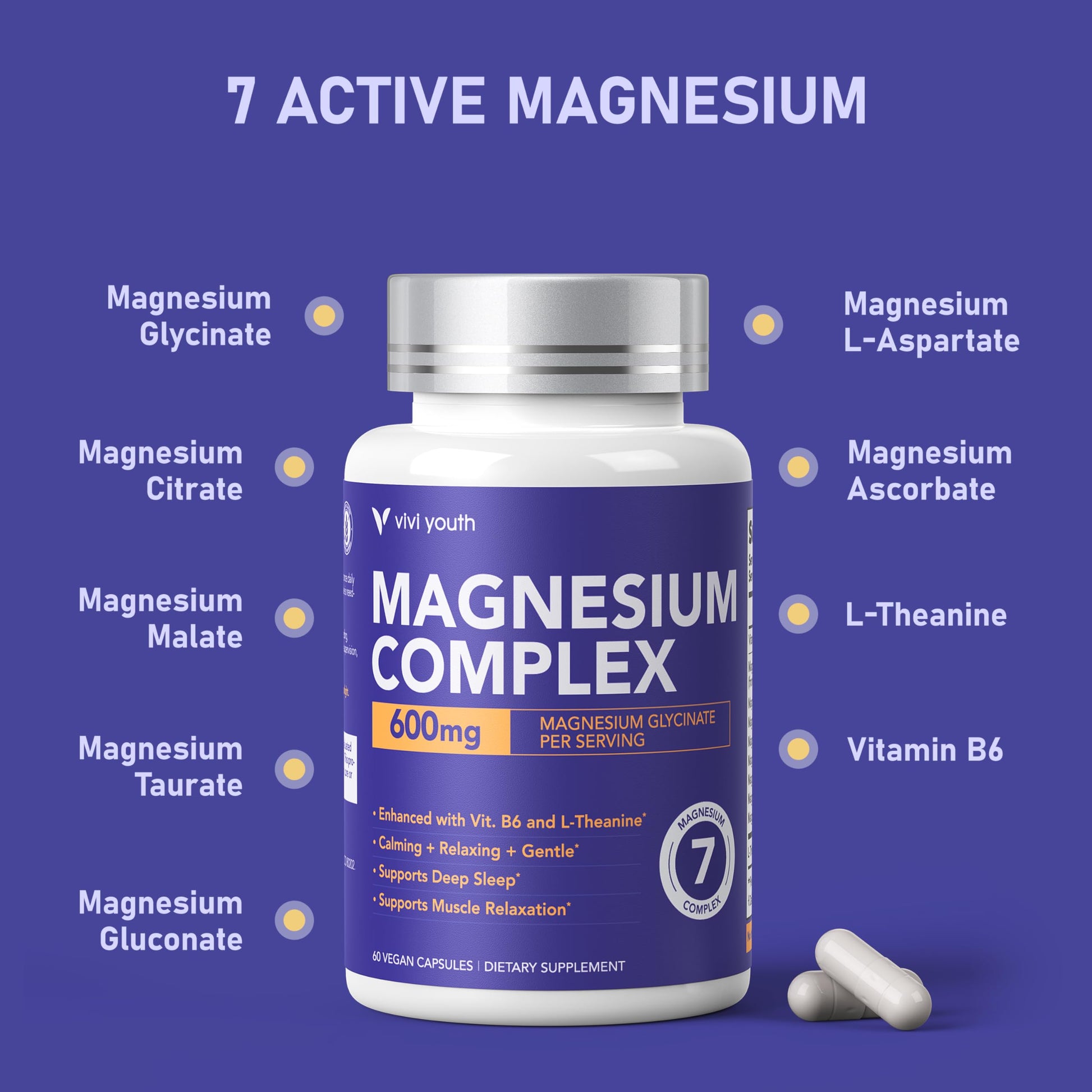 Magnesium 7 Complex for Women 1600mg, Magnesium Glycinate 600mg 7 High Absorption Magnesium Supplement with Citrate, Malate, Chelate, Taurate, Gluconate, Aspartate & Ascorbate for Sleep, 60 Capsules VIVI Youth buy supplements Au