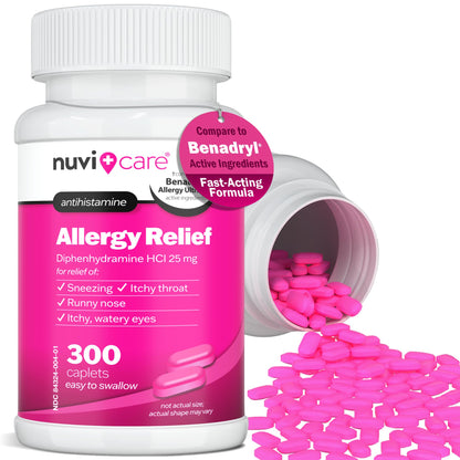 NUVICARE Allergy Relief Tablets - Diphenhydramine 25mg Antihistamine Tablets for Runny Nose, Sneezing, Itchy Eyes & Throat - Compare to Benadryl Allergy Meds - OTC Adult Allergy Medicine (300 Count) NUVICARE buy supplements Au