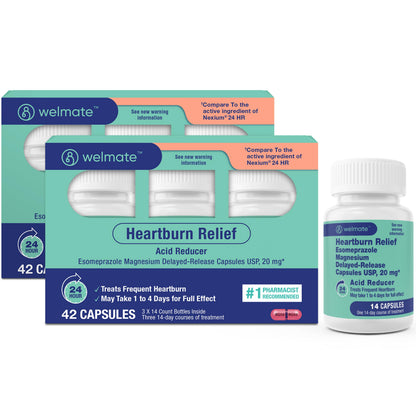 Welmate heartburn relief capsules packaging and bottle on a white background