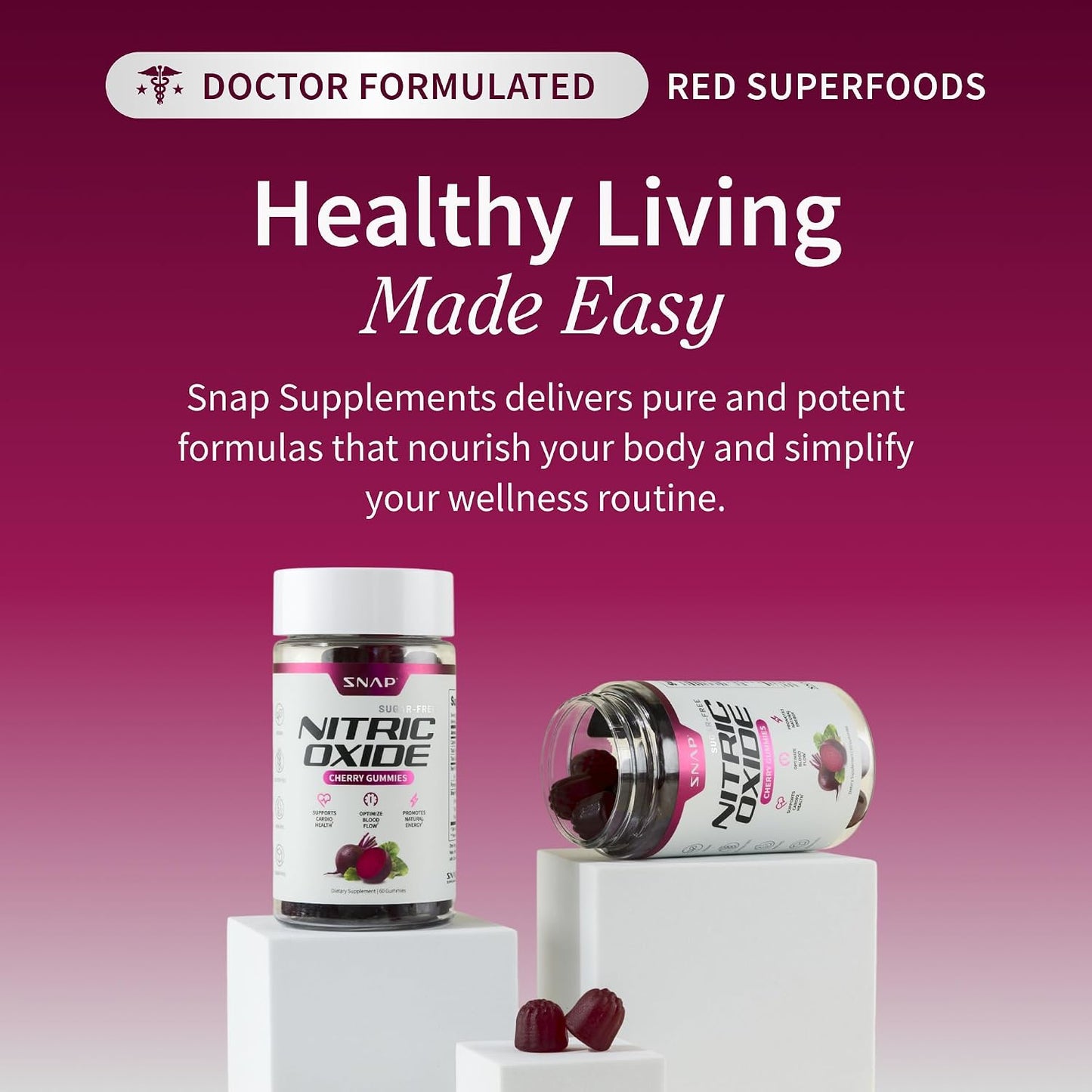 Snap Supplements Nitric Oxide Beet Root Gummies, Cherry, 60 Count (2-Pack) | Sugar Free, For Men & Women, Heart Health & Circulation, Organic Beetroot Extract, Natural Energy, B12, Beets Gummies