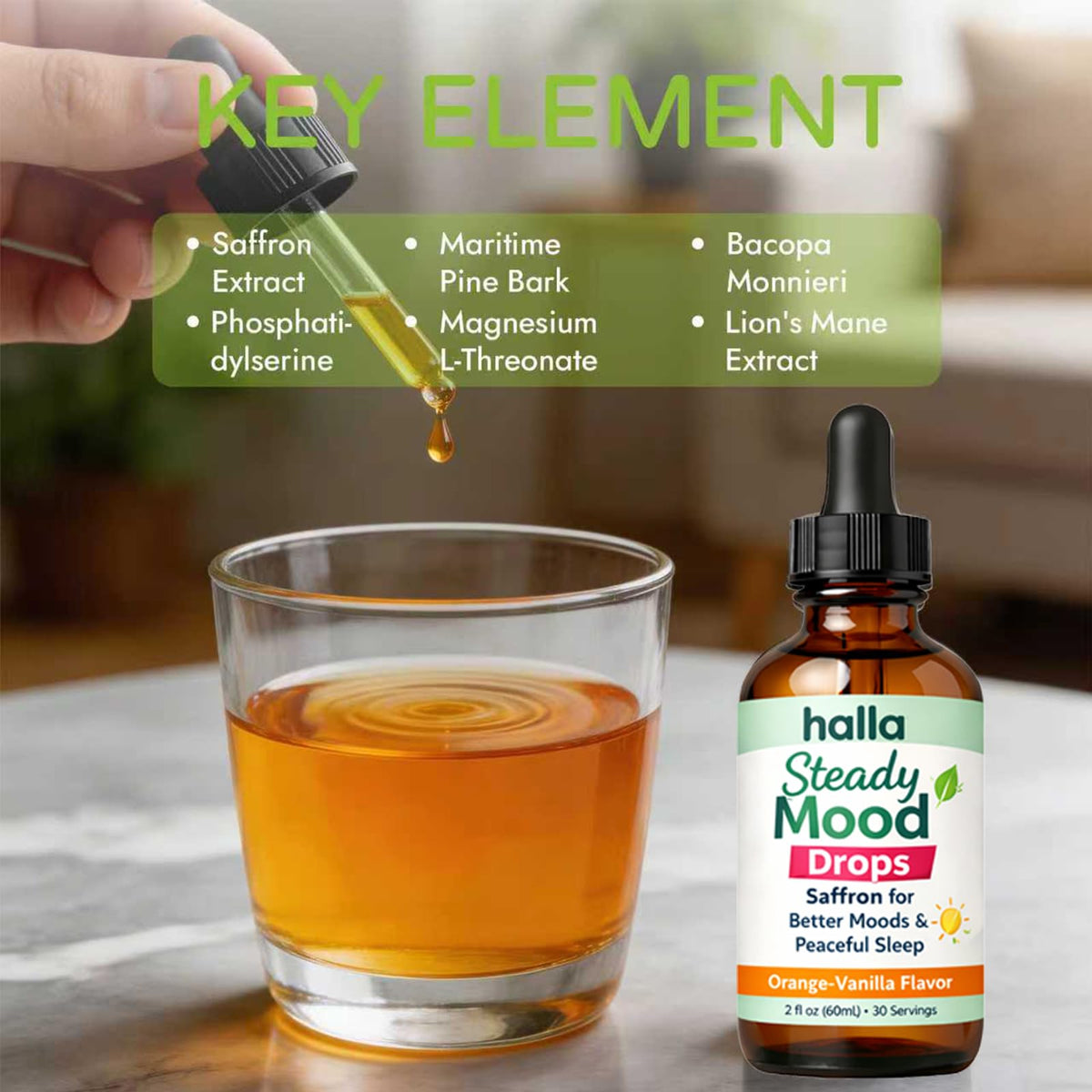 ReviveNerve Halla Steady Mood Drops, Orange-Vanilla Flavor, Liquid Formula with Pine Bark Extract(1pcs)