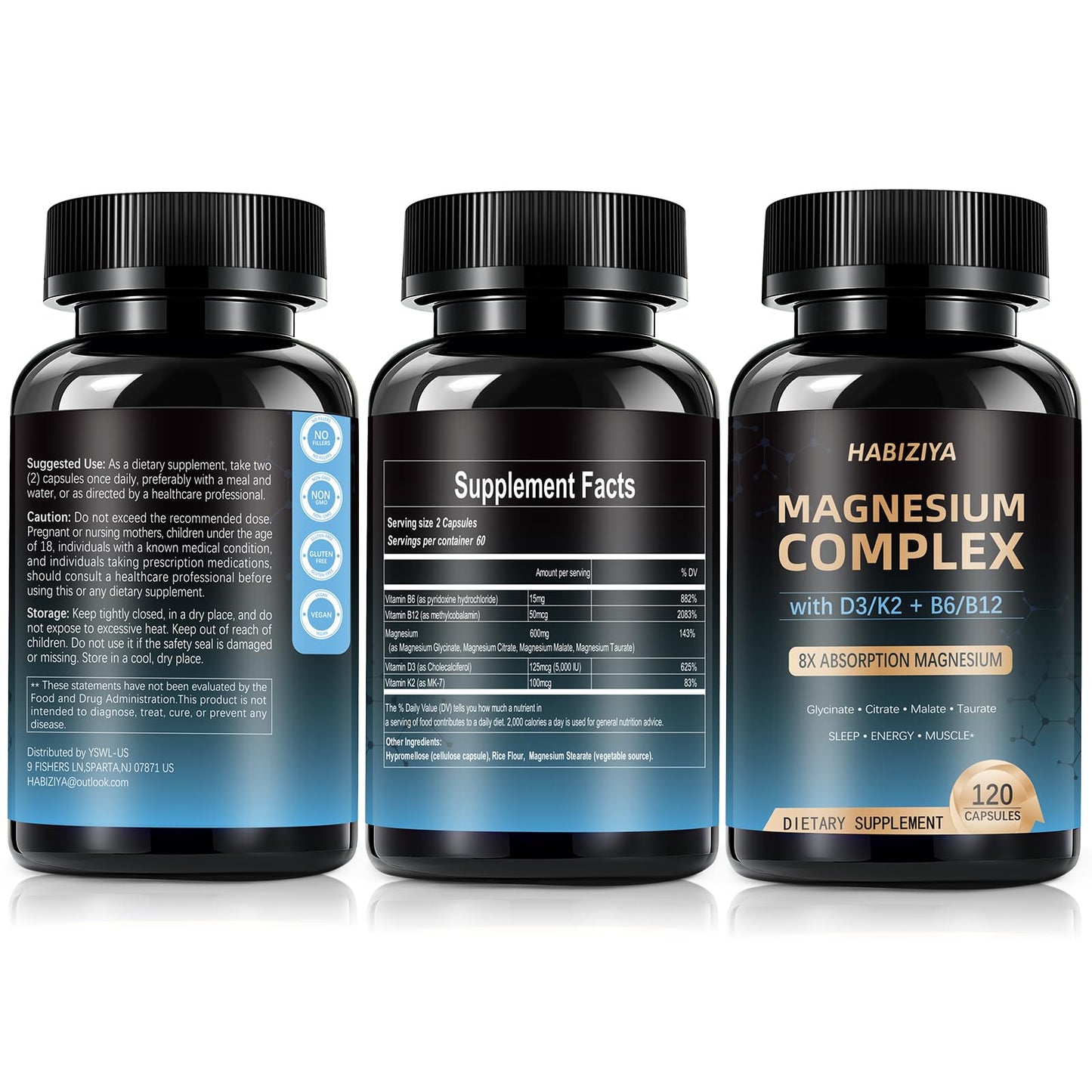 Magnesium Complex Supplement 600mg with with D3 K2 MK7 & B Vitamins High Absorption Capsules with Glycinate, Citrate & Malate,Taurate Relaxation,Muscle,Heart Support, Vegan 120 Capsules HABIZIYA buy supplements Au