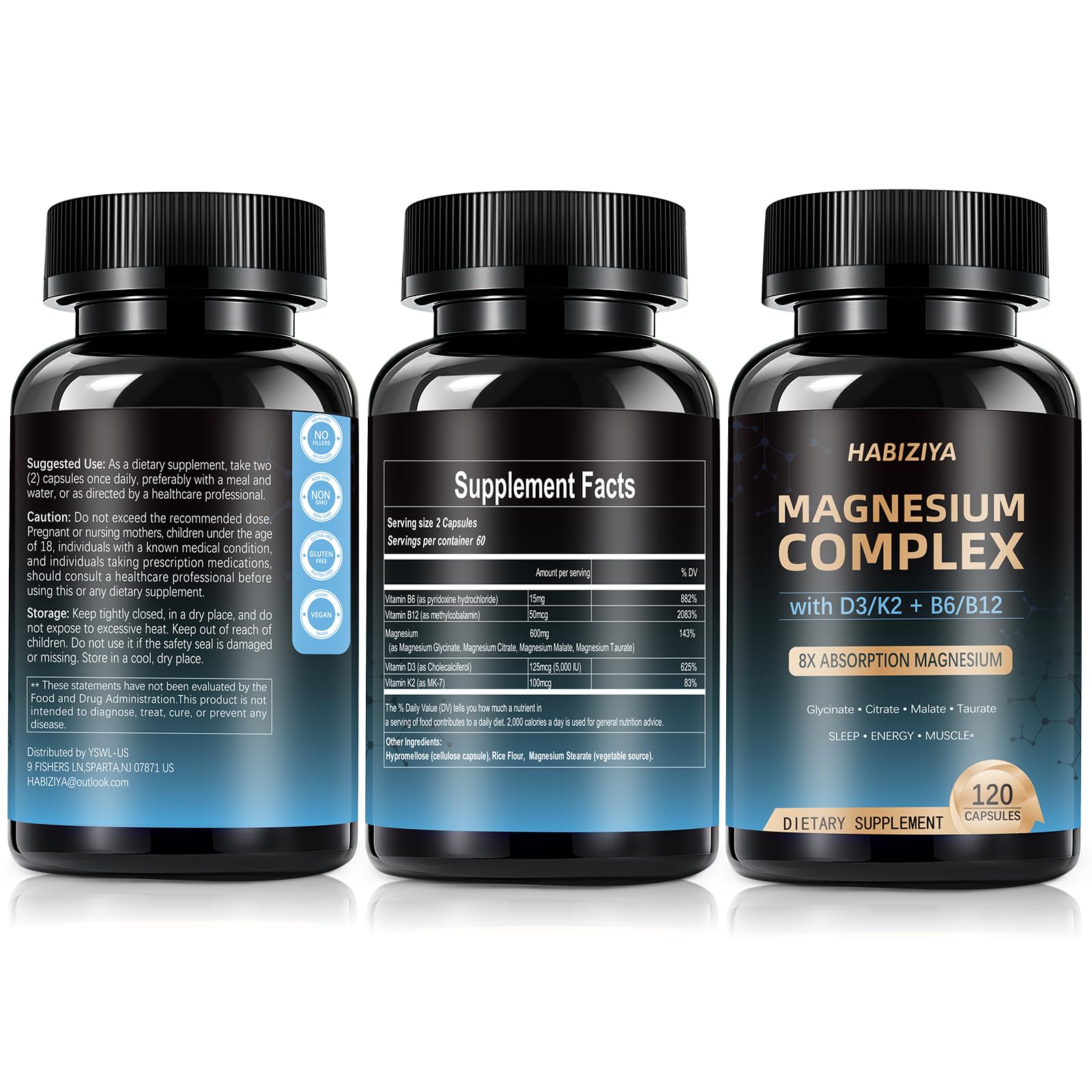 Magnesium Complex Supplement 600mg with with D3 K2 MK7 & B Vitamins High Absorption Capsules with Glycinate, Citrate & Malate,Taurate Relaxation,Muscle,Heart Support, Vegan 120 Capsules HABIZIYA buy supplements Au