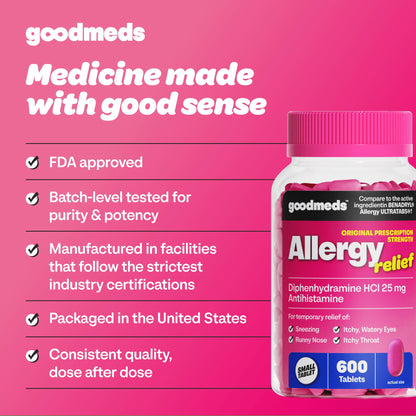 GoodMeds Allergy Medicine Antihistamine, Diphenhydramine HCl 25 mg | Children and Adults | Relieve Itchy Eyes, Runny Nose, Sneezing (25 mg, 600 Tablets) GoodMeds buy supplements Au