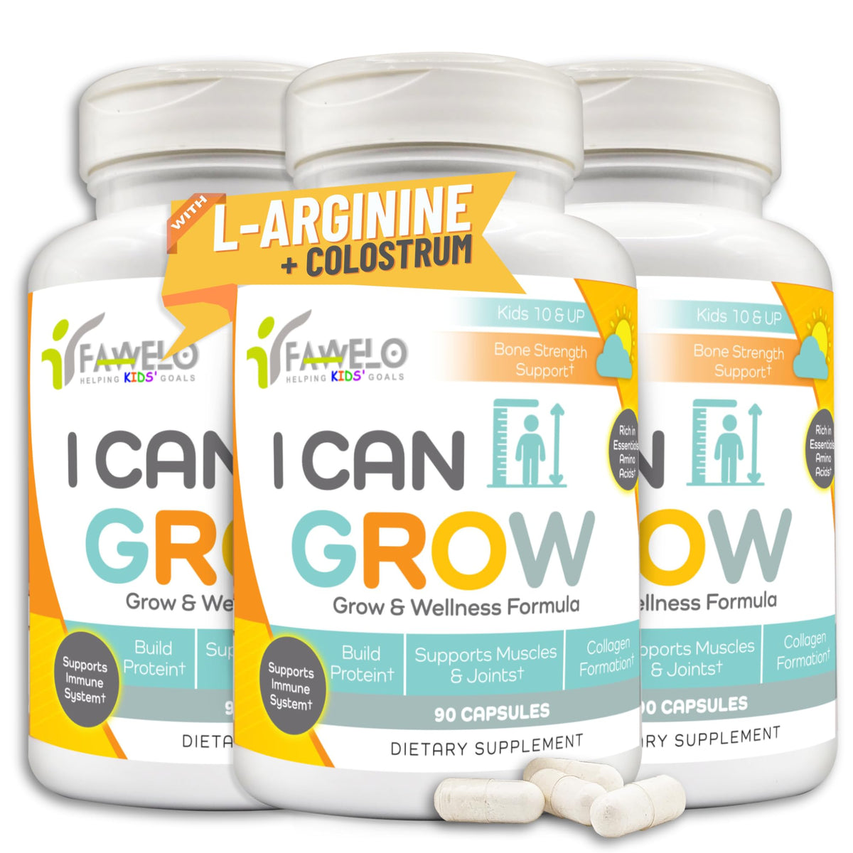 Three bottles of 'I Can Grow' supplement with visible capsules on a white background