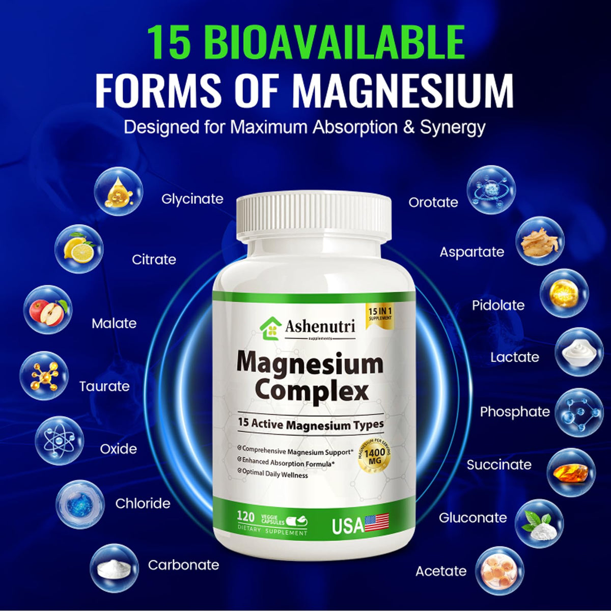 Magnesium Complex with 15 Types Magnesium Glycinate Citrate Malate Taurate Oxide Carbonate Chloride Orotate Magnesio Muscle, Heart, Relaxation & Nerves 120 Vegan Capsules, 60-Day Supply Ashenutri buy supplements Au