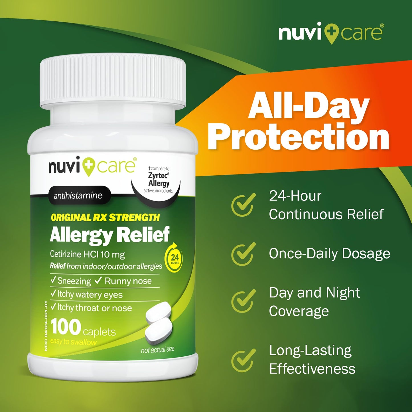Nuvicare 24-Hour Allergy Medicine - Cetirizine Hydrochloride 10mg Tablets - Compare to the Active Ingredient in Zyrtec Antihistamine Meds - Generic Allergy Pills for All Day Allergy Relief (100 Count) NUVICARE buy supplements Au