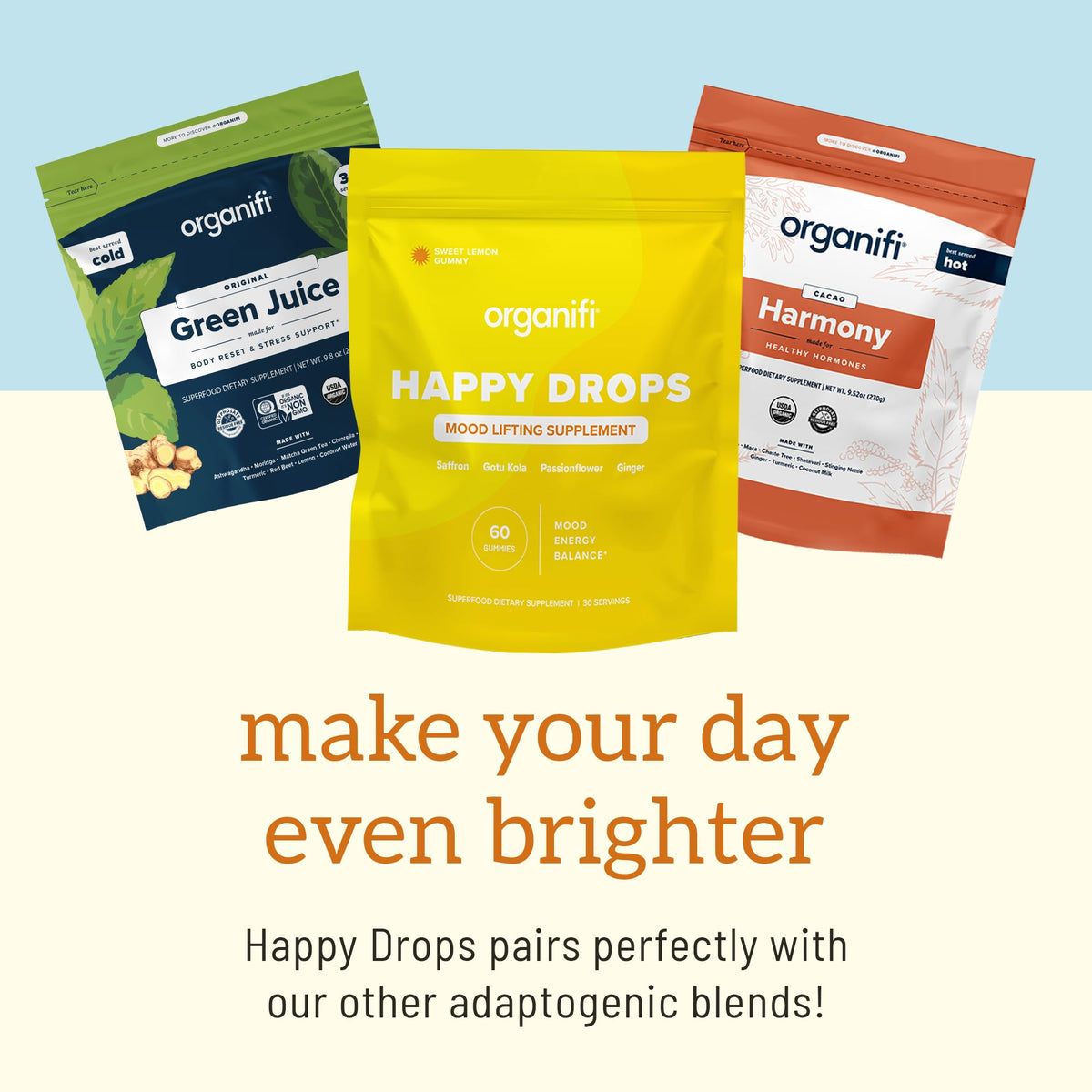 Organifi Happy Drops - Daily Superfood Happy Gummies for Adults - Mood Support Supplement for Balance, Bliss, Energy and Taking the Edge Off - Sweet Lemon Flavor - 60 Gummies