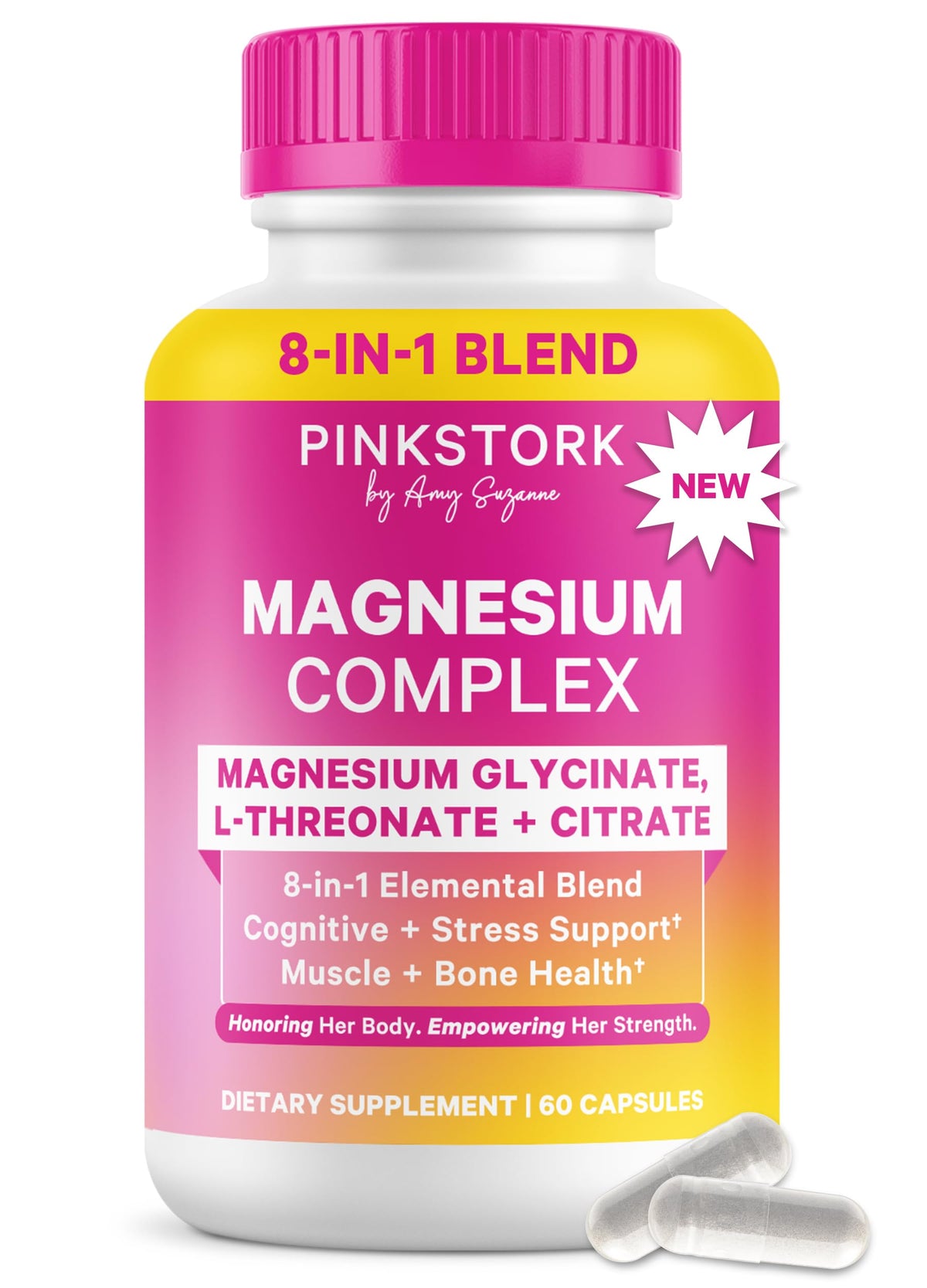 Pinkstork magnesium complex supplement bottle with pink cap on a white background