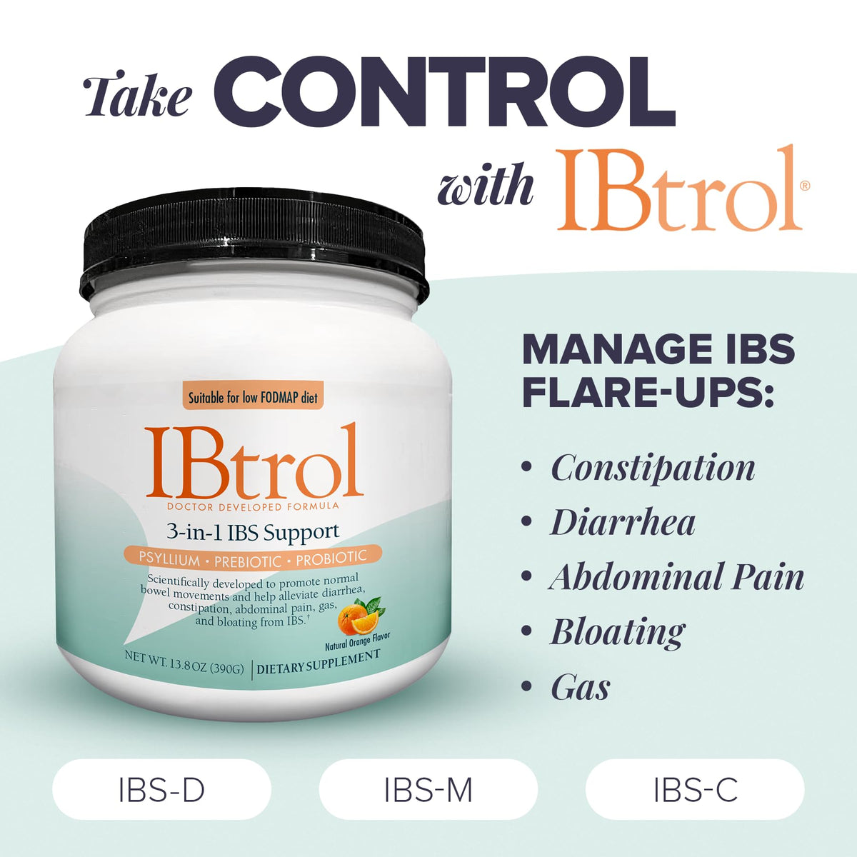 IBtrol® 3–in–1 IBS Gut Health Supplement with Psyllium, Prebiotic and Probiotics, Manages IBS Symptoms, Gas, Bloating, Diarrhea, Constipation, Abdominal Pain 60 Servings (Natural Orange Flavor) MedtritionBuy Supplements Australia