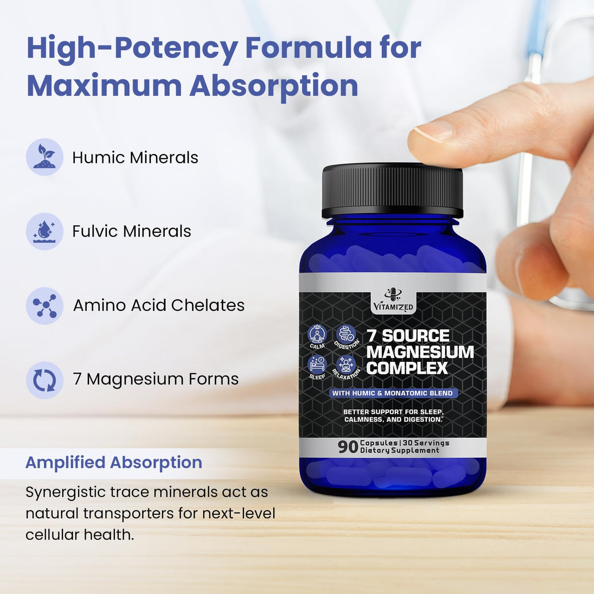 Magnesium Complex for Sleep, Relaxation, Digestion & Calm – Magnesium Glycinate, Citrate, Bisglycinate, Carbonate, Malate, Orotate, Taurate, + Humic/Fulvic for High Absorption - 90 ct. VITAMIZED buy supplements Au