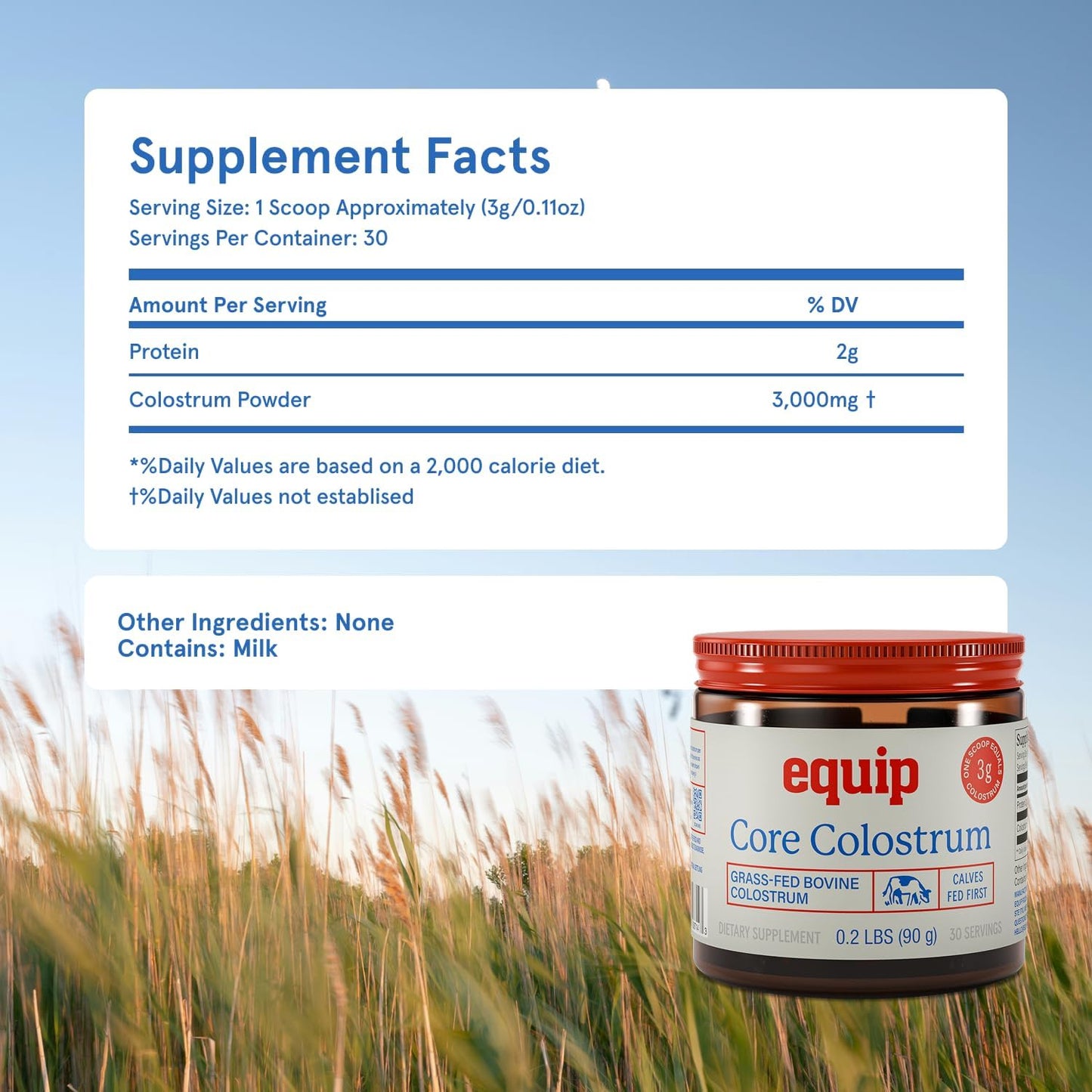 Equip Foods Core Bovine Colostrum Powder - 3,000mg Grass Fed Colostrum Supplement - Gut Health, Immunity, Recovery Lactoferrin Supplements - Keto Friendly Bovine Colostrum, 30 Servings, Unflavored