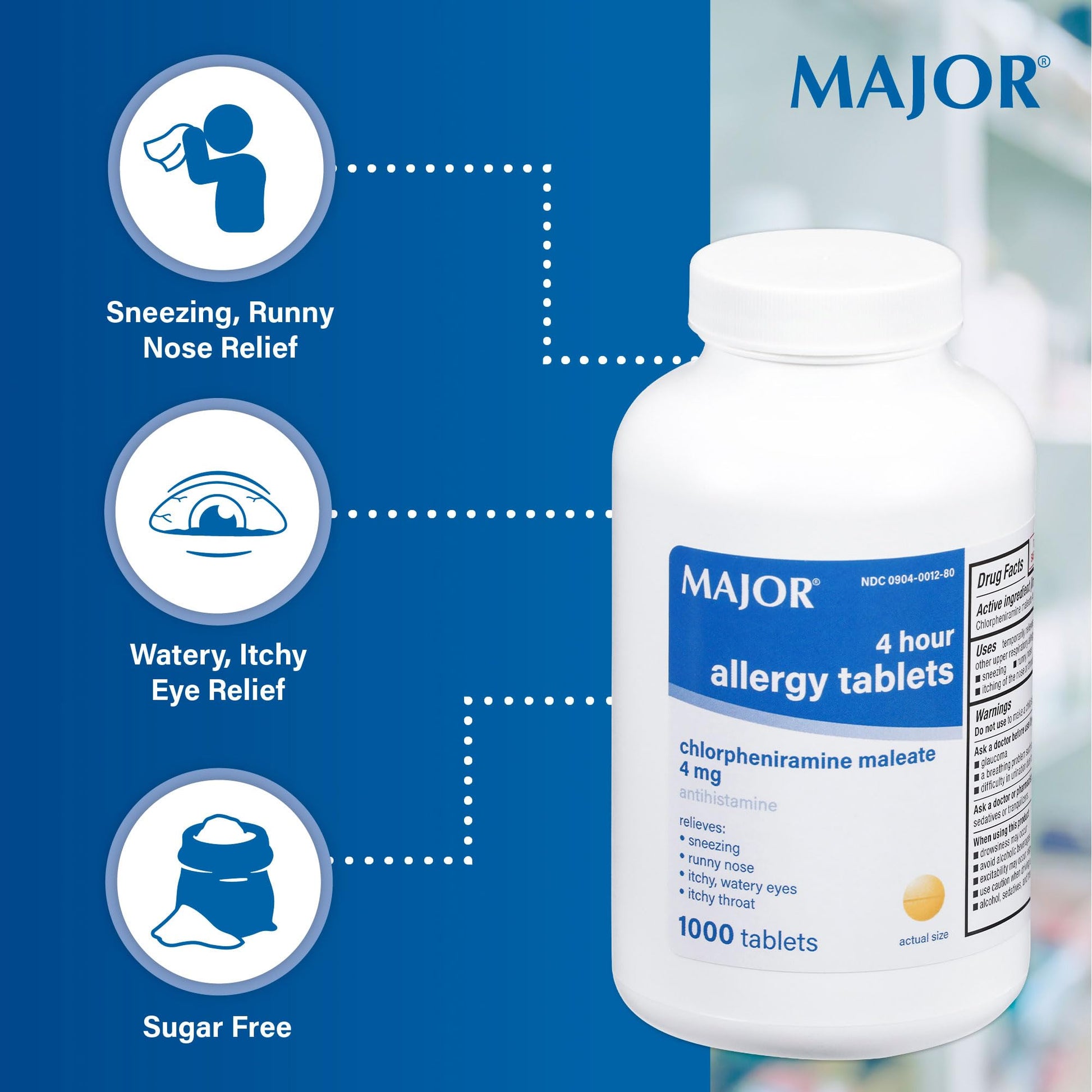 MAJOR 4 Hour Allergy Tablets - Chlorpheniramine Maleate - 4 mg - Antihistamine - 1000 Count (1 Pack) MAJOR buy supplements Au
