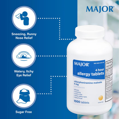 MAJOR 4 Hour Allergy Tablets - Chlorpheniramine Maleate - 4 mg - Antihistamine - 1000 Count (1 Pack) MAJOR buy supplements Au