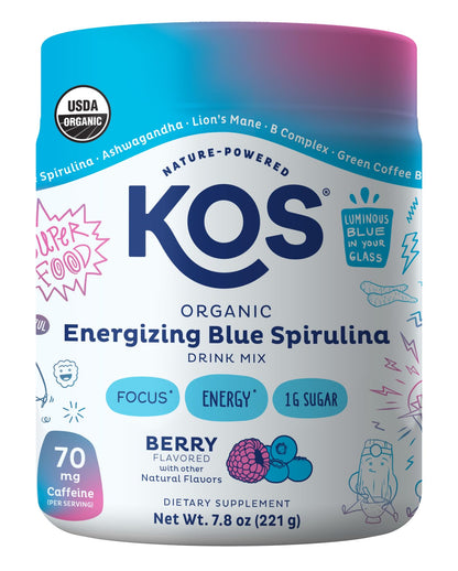 KOS Energizing Blue Spirulina Blend - USDA Certified Organic - B Vitamins, Ashwagandha, Ginseng, Adaptogens, Biotin - Vegan Pre Workout Powder - Caffeinated, Berry Flavored, 28 Servings KOS buy supplements Au