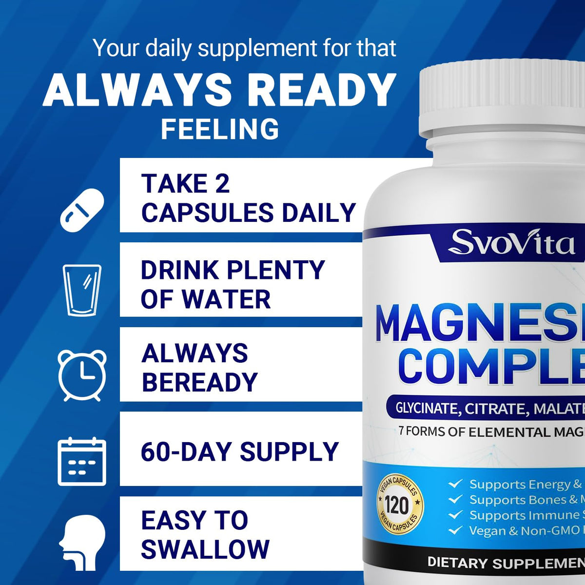Magnesium Complex Supplement with 7 Forms of Magnesium Glycinate, Malate, Citrate & More, High Absorption for Bones, Muscle, Recovery, Energy, Vegan Non-GMO 120 Capsules Svovita buy supplements Au
