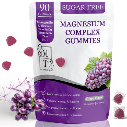 Package of sugar-free magnesium complex gummies with grape flavor on a white background