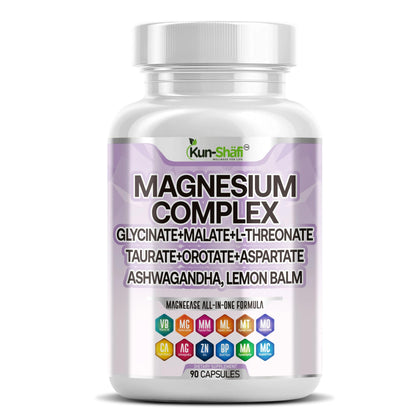 Bottle of Kun-Sha Magnesium Complex supplement on a white background