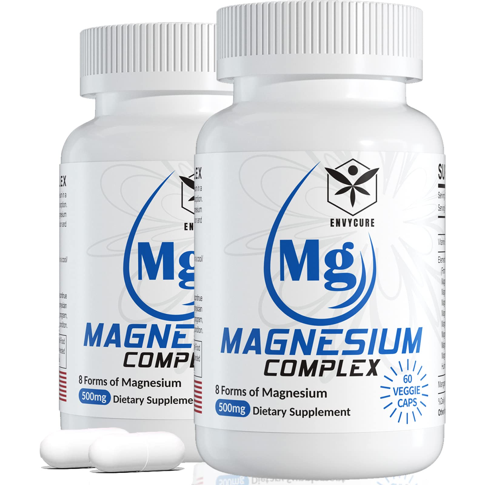 Two bottles of magnesium complex supplement with visible branding on a white background