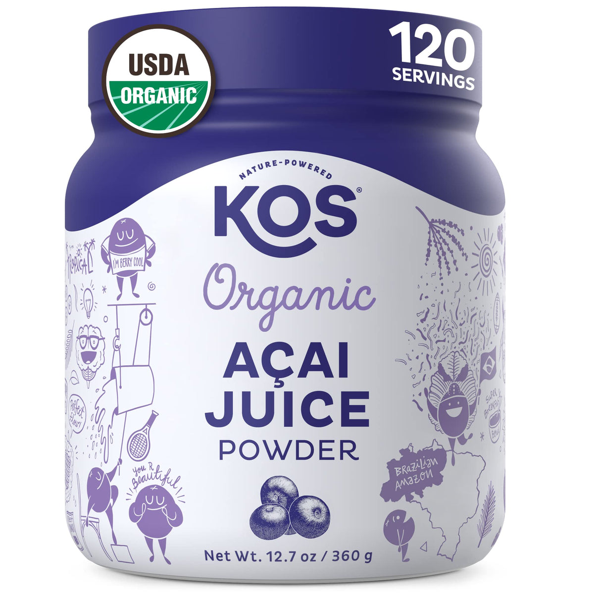 KOS Organic Acai Juice Powder - USDA Certified Organic, Plant Based Superfood Antioxidants, Superberry from Brazil, Great for Smoothies and Bowls, 0g Sugar, Vegan, Gluten-Free, Non-GMO - 120 Servings KOS buy supplements Au