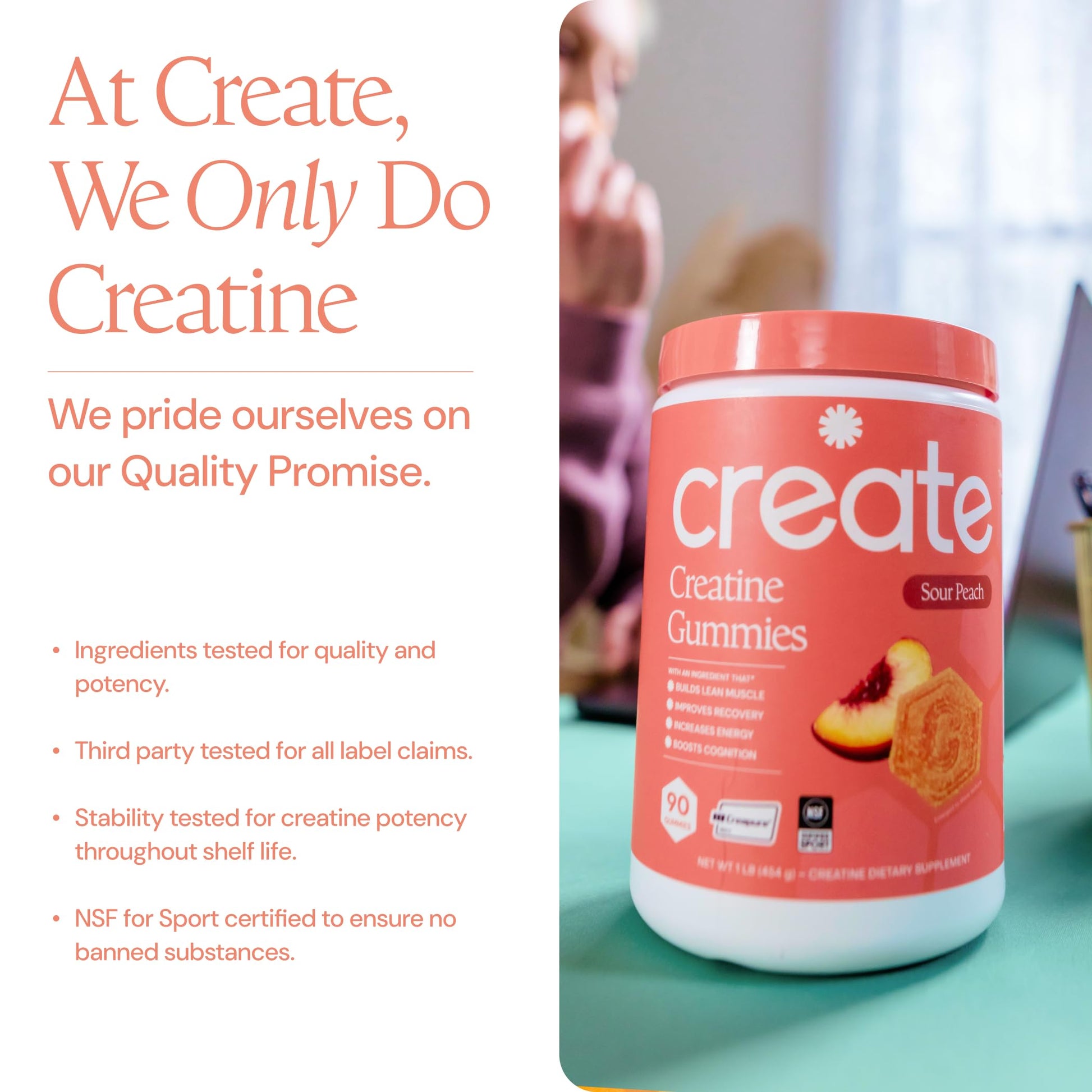 Create Creatine Monohydrate Gummies for Men & Women, Boost Focus, Strength, and Endurance, Anti-Melting Formula, Vegan, Gluten-Free, Non-GMO, 1.5g of Creatine per Gummy (Sour Peach) Create buy supplements Au