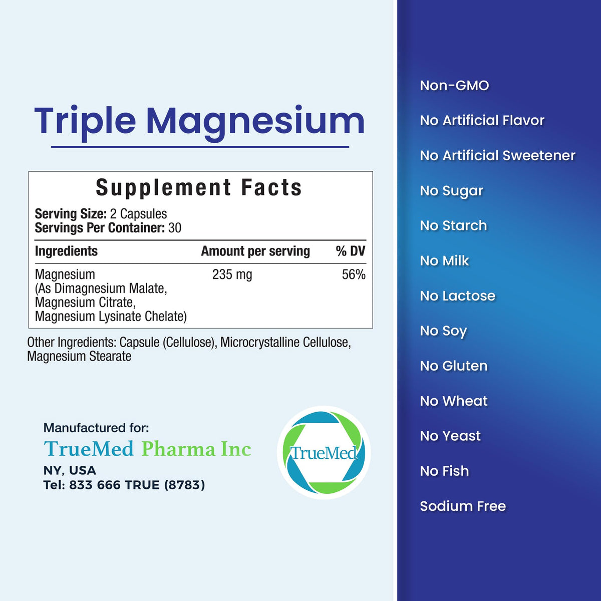 Truemed Triple Magnesium Complex Supplement 235mg with Magnesium Citrate, Malate & Lysinate Chelate | Magnesium Supplement for Sleep, Muscle Relaxation, Energy & Nerve Support | 60 Capsules, USA Made TRUEMED buy supplements Au