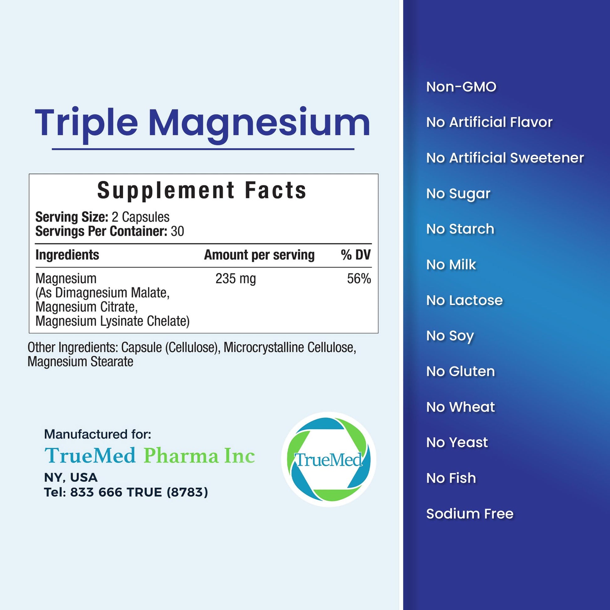 Truemed Triple Magnesium Complex Supplement 235mg with Magnesium Citrate, Malate & Lysinate Chelate | Magnesium Supplement for Sleep, Muscle Relaxation, Energy & Nerve Support | 60 Capsules, USA Made TRUEMED buy supplements Au