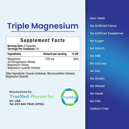 Truemed Triple Magnesium Complex Supplement 235mg with Magnesium Citrate, Malate & Lysinate Chelate | Magnesium Supplement for Sleep, Muscle Relaxation, Energy & Nerve Support | 60 Capsules, USA Made TRUEMED buy supplements Au