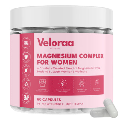 Veloraa Magnesium Complex for Women supplement jar with pink label on a white background