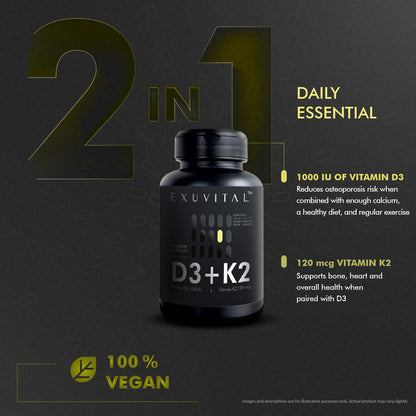 EXUVITAL D3 & K2 Vitamin Supplement, Vegan D3 1000 IU & K2 MK7 120 mcg for Bone, Heart & Immune Support, Non-GMO, Gluten-Free, 60 Vegan Capsules, 2 Months Supply EXUVITAL buy supplements Au