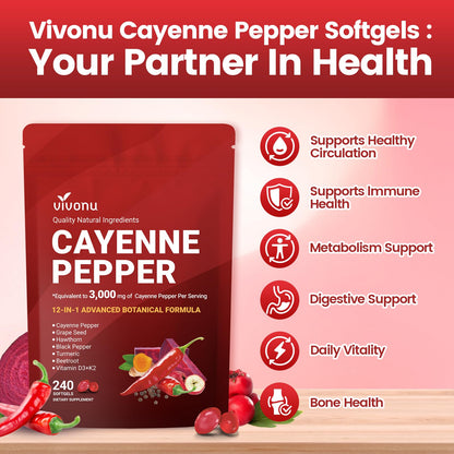VivoNu Cayenne Pepper Softgels Supplement, Supports Leg Vein, Heart and Blood Vessel Health, with Vitamin E D3+K2 and Extracts of Grape Seed, Hawthorn