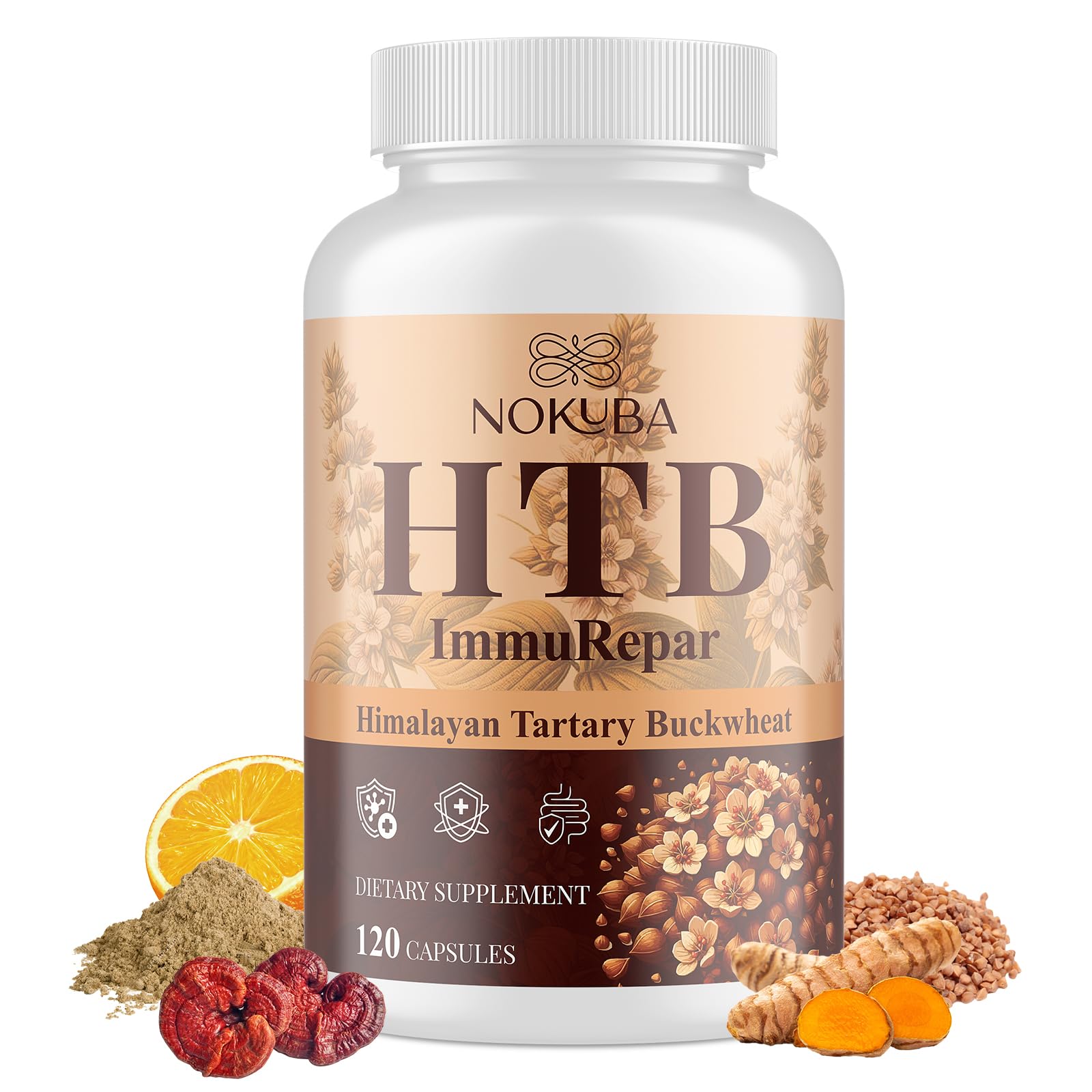 Nokuba HTB ImmuRepair dietary supplement bottle with ingredients on a white background