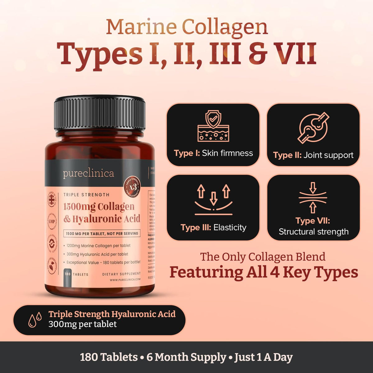 pureclinica 1500mg UltraColl Collagen (1200mg) and Hyaluronic Acid (300mg) x 180 Tablets - 6 Months Supply