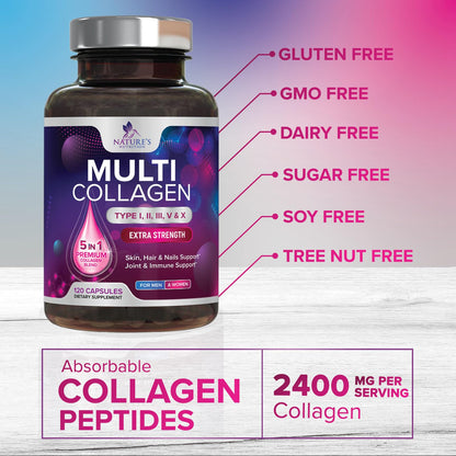 Multi Collagen Pills - Multi Collagen Complex 2400 mg Per Serving - Types I, II, III, V, X - Hydrolyzed Collagen Peptides Supplement - Hair, Skin & Nail Support - Bottled in the USA - 120 Capsules Nature's Nutrition buy supplements Au