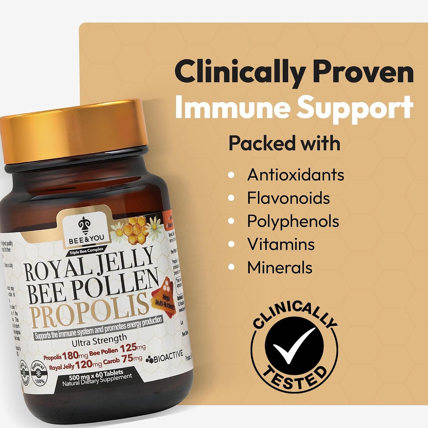 Bee and You Royal Jelly Tablet, Propolis Extract, Bee Pollen, 100% Natural Superfood, Ultra Pure, Immune Support Supplement, Improve Energy, Focus, Antioxidants, Fresh, Keto, Paleo, Gluten-Free | 60ct