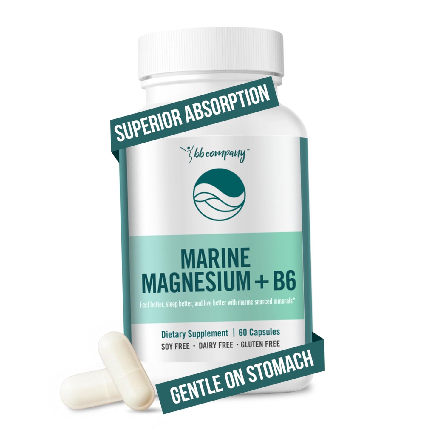 Supplement bottle labeled 'Marine Magnesium + B6' with a white background