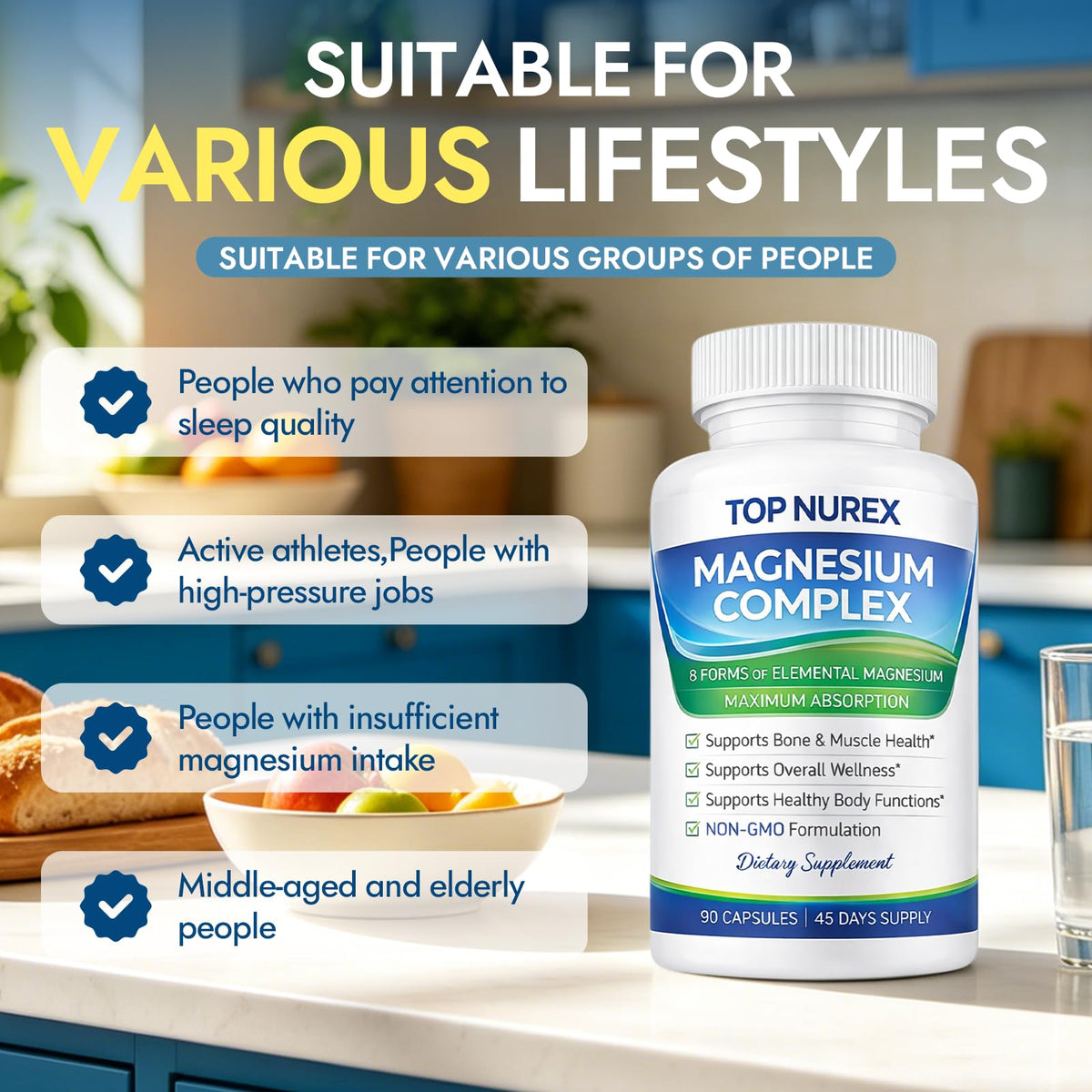 Top Nurex Magnesium Complex 1000 mg, 8-Source Magnesium Blend with Glycinate, Citrate, Malate & Taurate, Vegan Formula, Non-GMO, 90 Capsules Top Nurex buy supplements Au