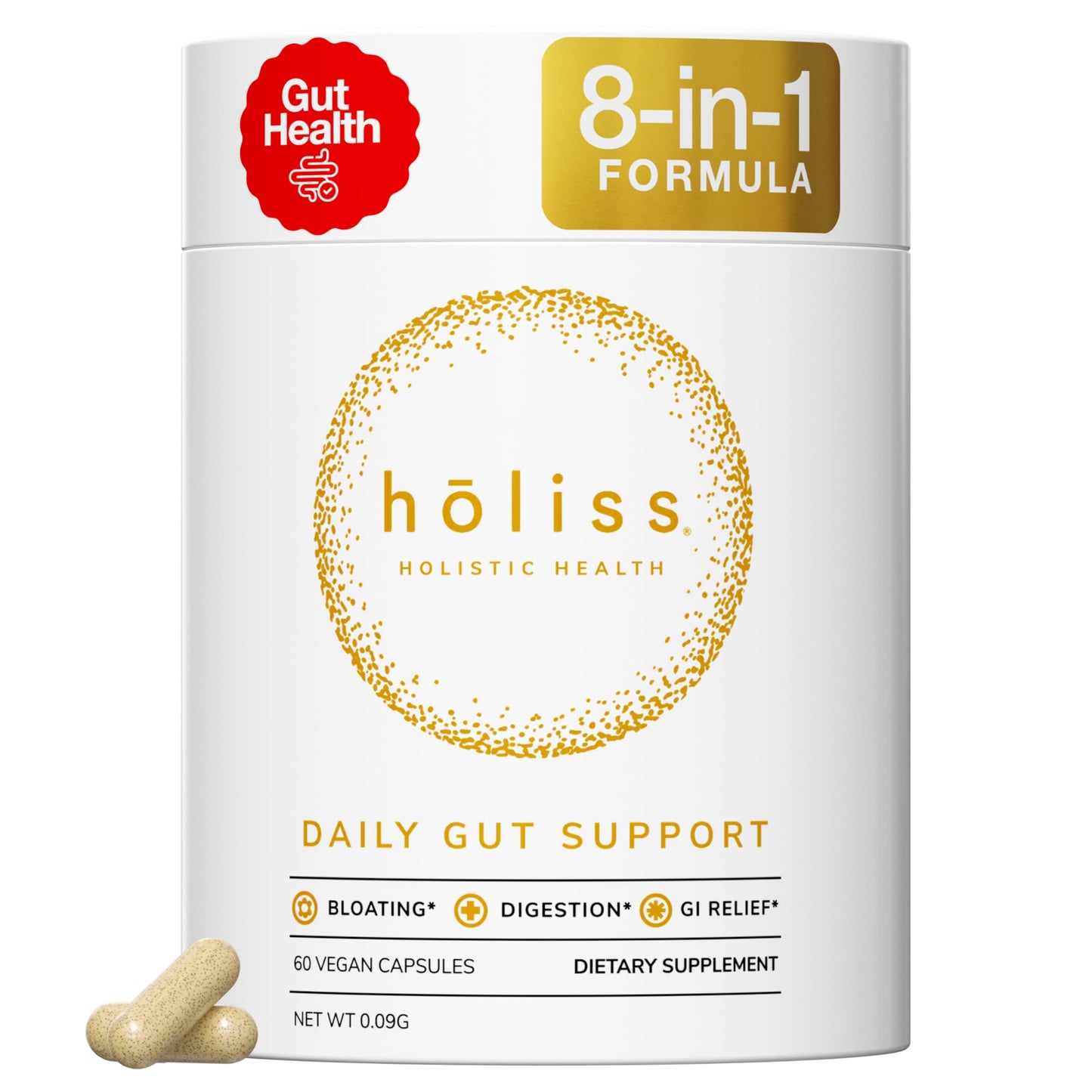 HOLISS Daily Gut Health Capsules – 8-in-1 All Natural Supplement, Lemon Balm, Bloat & Gas Relief, GI Lining Repair,