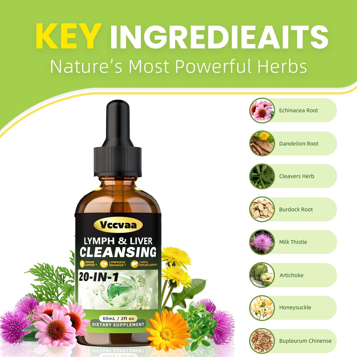 Vccvaa Lymph & Liver Cleanse - 20-in-1 Lymphatic Drainage & Liver Detox Supplement with Milk Thistle, Echinacea, Fucoxanthin - 60mL Liquid Formula for Immune & Digestive Support Vccvaa buy supplements Au