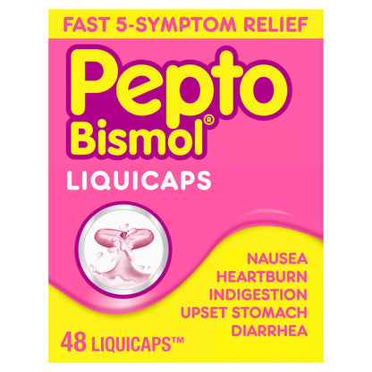 Pepto-Bismol Liquicaps packaging with pink and yellow design on a white background