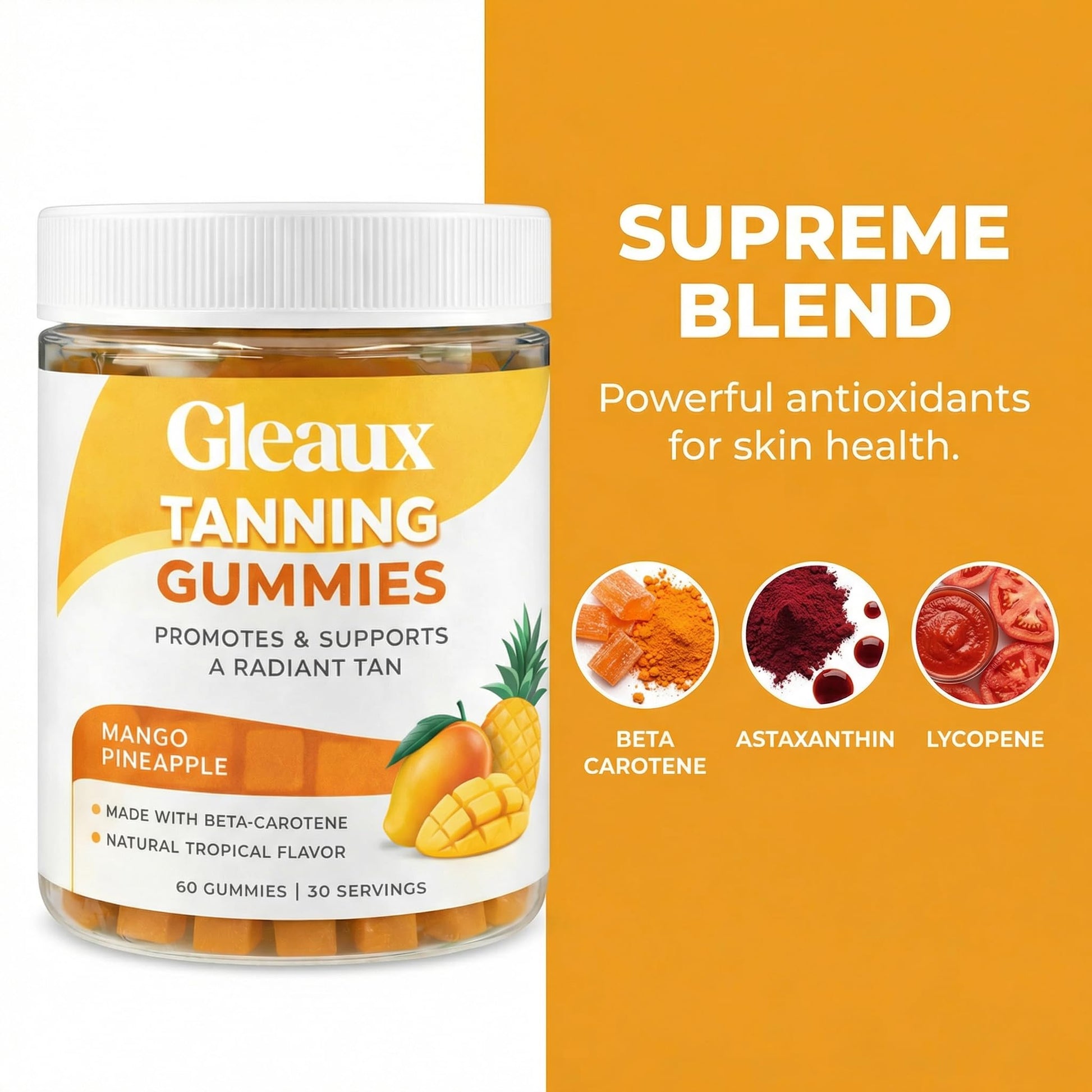 DXWXH Gleaux Tanning Gummies, Tanning Gummies for Women, Sunless Radiance Support with Beta Carotene, Astaxanthin & Lycopene, for Skin Health & Complexion Support, Mango Pineapple Flavor, 60 Gummies DXWXH buy supplements Au