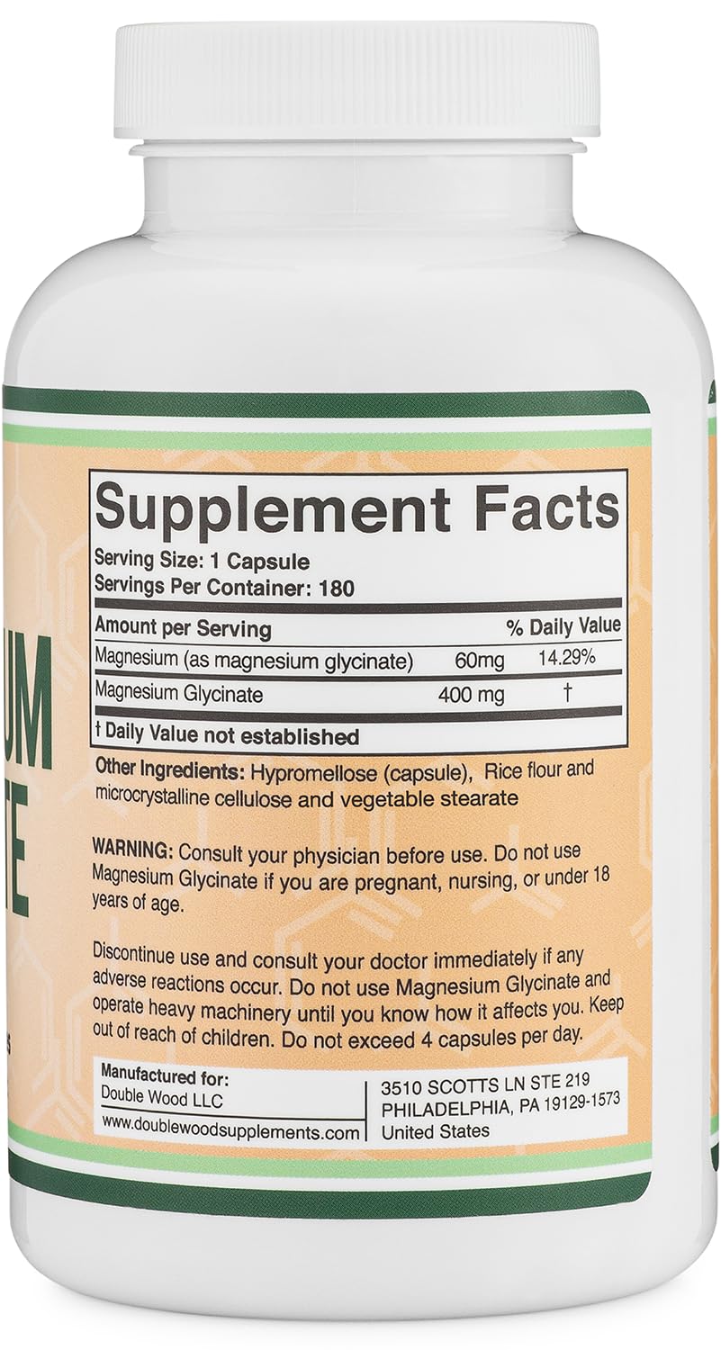 Magnesium Glycinate 400mg | 180 Capsules | Sleep, Muscle, & Heart Support | Vegan, Third Party Tested, Gluten Free, Non-GMO, by Double Wood Supplements Double Wood Supplements buy supplements Au