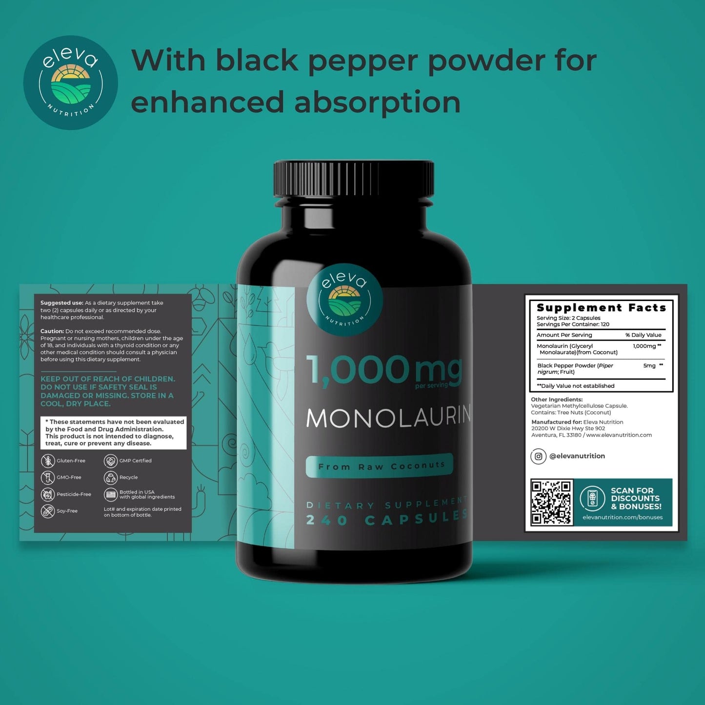 Monolaurin 1000mg Capsules — Made with Pure Glycerol and Lauric Acid from Raw Coconut — Natural Vegans- Non-GMO and Soy Free — 240 Capsules Eleva Nutrition buy supplements Au
