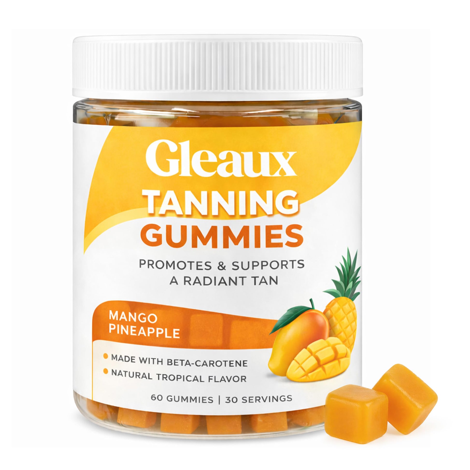 Jar of Gleaux Tanning Gummies with mango and pineapple flavor on a white background
